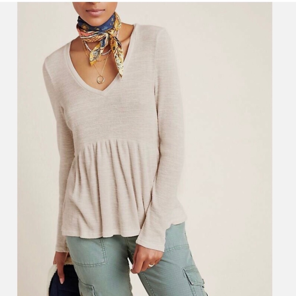Anthropologie t.la Beige V Neck Babydoll Peplum Long Sleeve Cotton Top S